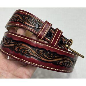 Tex Tan Tooled Leather Statement Belt Sz 30 Harness Cowhide VTG Southwestern Red